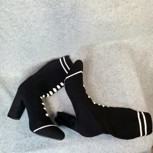 Adorable Mid Calf Black & White Stretchy Sock Boot With 3.5" Block Heels - Picture 6 of 6